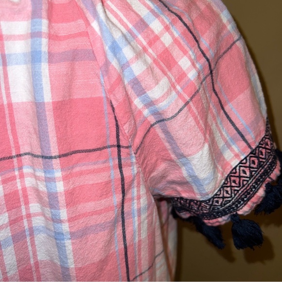 Crown & Ivy Pink Blue White Plaid Tassel Dress Short Sleeve Size 2 - Picture 6 of 10